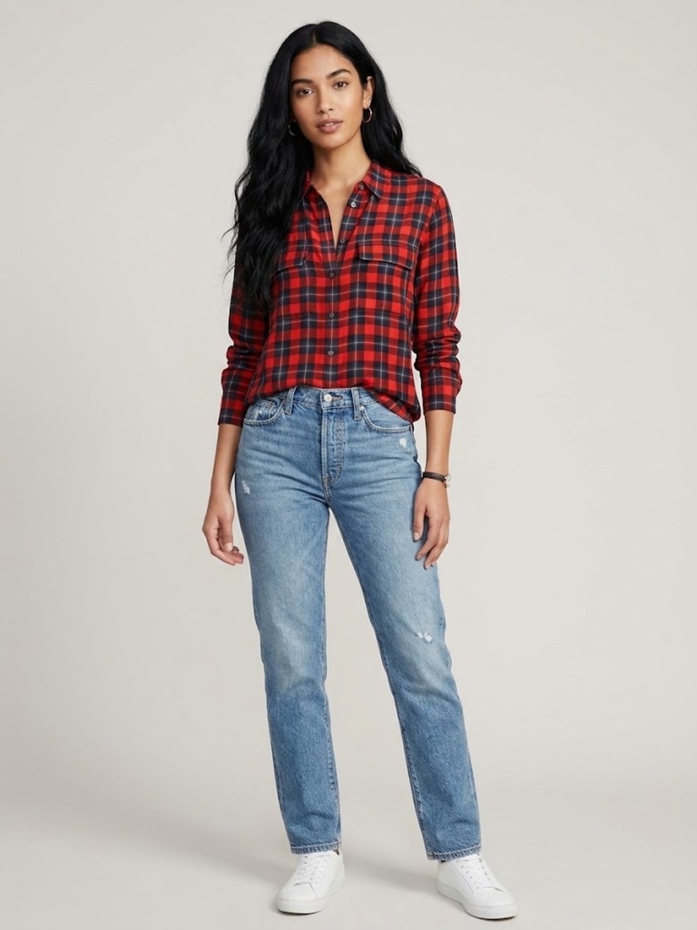 Equipment 100% Silk Plaid Button Down Blouse Red Navy Tartan Size XS